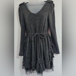 Ryu by Anthropology Dark Gray long Dress With Black Tulle and Ruffles Size M